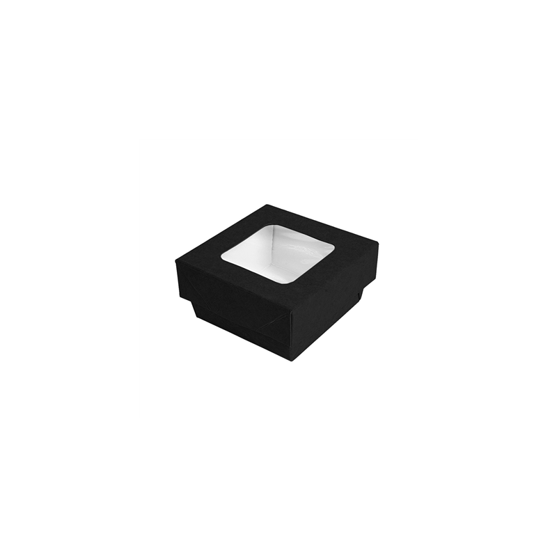 PETITES BOÎTES+COUVERCLES AVEC FÊNETRE 200 ML - 6,6 oz 270 + 15 PE G/M2 7x7x4 CM NOIR CARTON (250 UNITÉ)