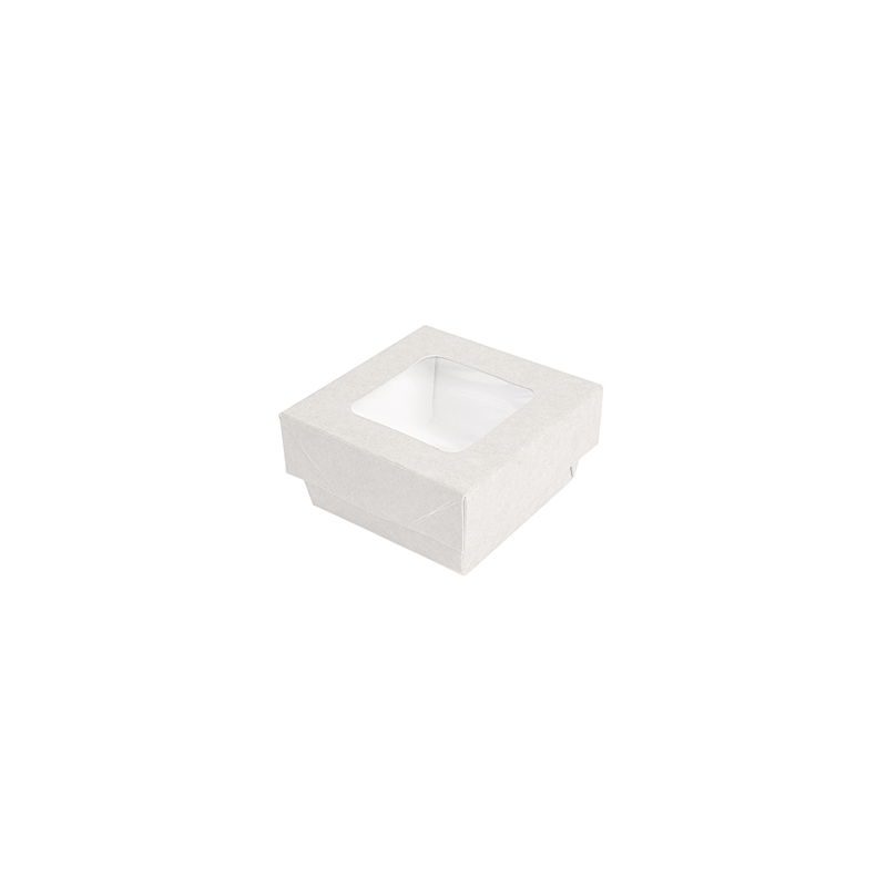 PETITES BOÎTES+COUVERCLES AVEC FÊNETRE 200 ML - 6,6 oz 300 + 15 PE G/M2 7x7x4 CM BLANC CARTON (250 UNITÉ)
