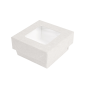 PETITES BOÎTES+COUVERCLES AVEC FÊNETRE 200 ML - 6,6 oz 300 + 15 PE G/M2 7x7x4 CM BLANC CARTON (250 UNITÉ)