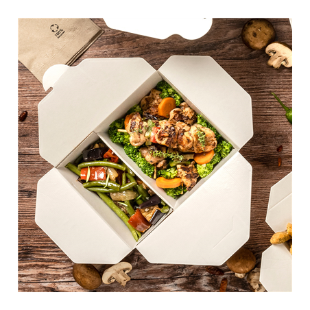 BOÎTES AMÉRICAINES 2 COMPART. 'THEPACK' 990 + 990 ML 250 + 12PP G/M2 19,6x14x6,2 CM BLANC CARTON ONDULÉ NANO-MICRO (200 UNITÉ)