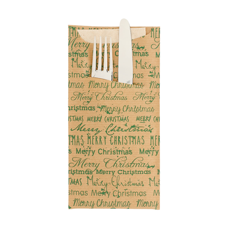 SACHETS COUVERTS+SERV.RÉCYC.2P 'MERRY CHRISTMAS' 80 + 10 PE G/M2 11,2x22,5 CM MARRON CELLULOSE (250 UNITÉ)