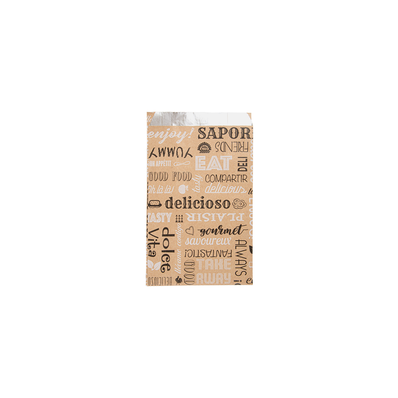 SACHETS INGRAISSABLES POUR BURGER 'PAROLE' 40+20 G/M2 14+7x22 CM MARRON KRAFT + ALUMINIUM (500 UNITÉ)