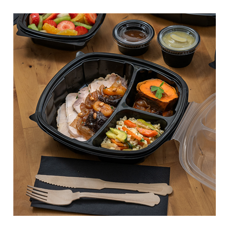 RÉCIPIENTS AVEC COUVERCLE CHARNIÈRE 3 COMPARTIMENTS MICRO-ONDABLES 1350 ML 24,9x25,8x7,2 CM NOIR PP (100 UNITÉ)