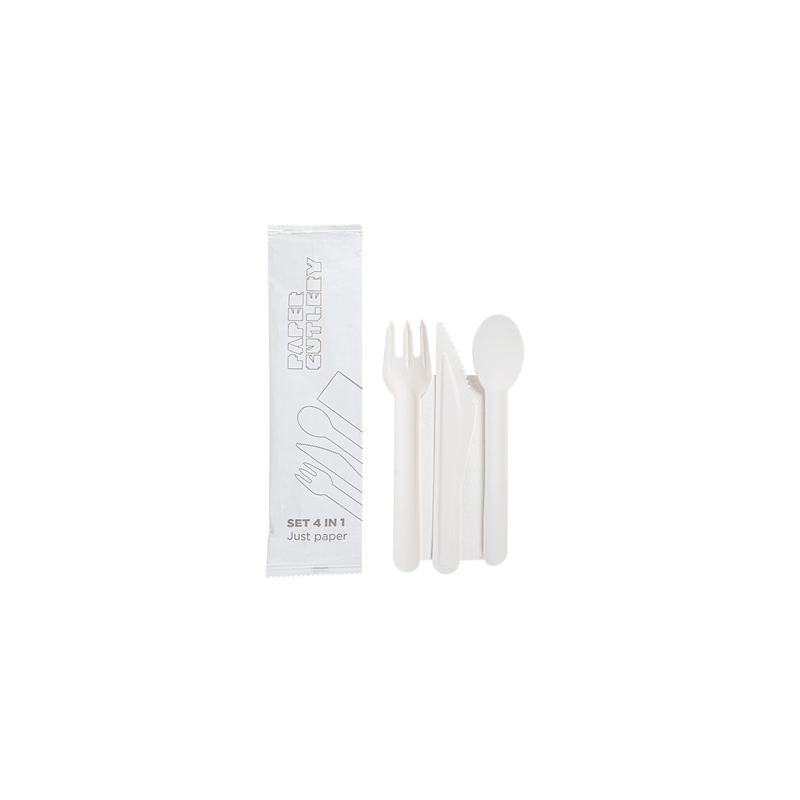 SET 4/1 FOURCHETTE, COUTEAU, CUILLÈRE, SERVIETTE 'PAPER CUTLERY'  15,8 CM BLANC PAPIER (100 UNITÉ)