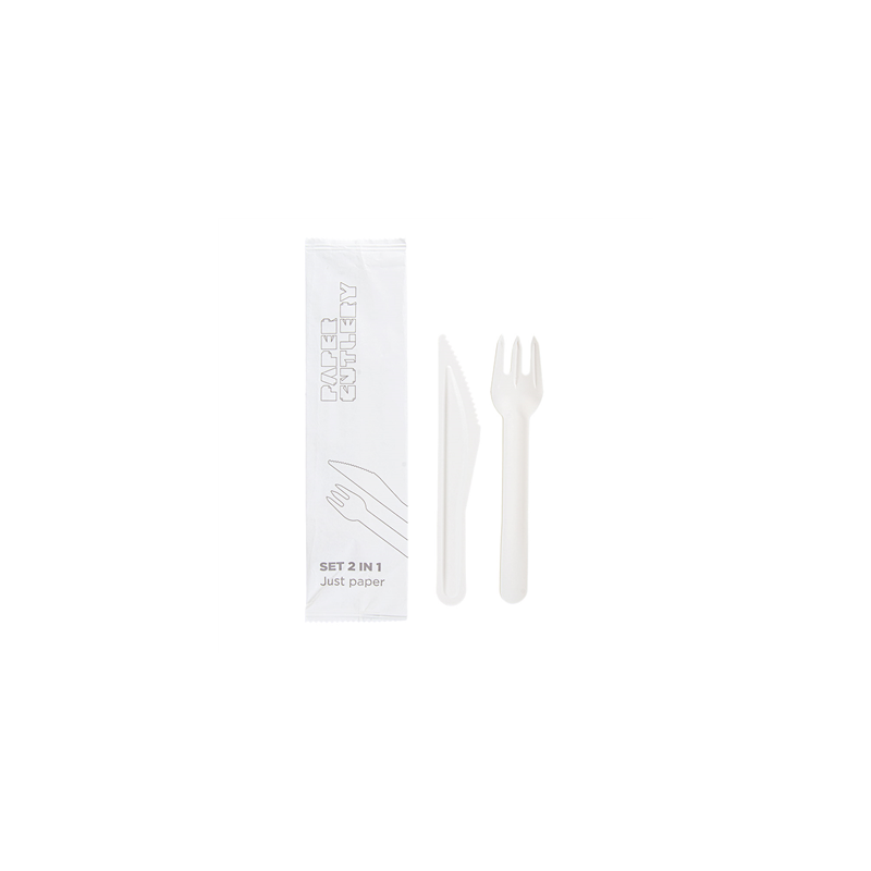 SET 2/1 FOURCHETTE, COUTEAU 'PAPER CUTLERY'  15,8 CM BLANC PAPIER (100 UNITÉ)