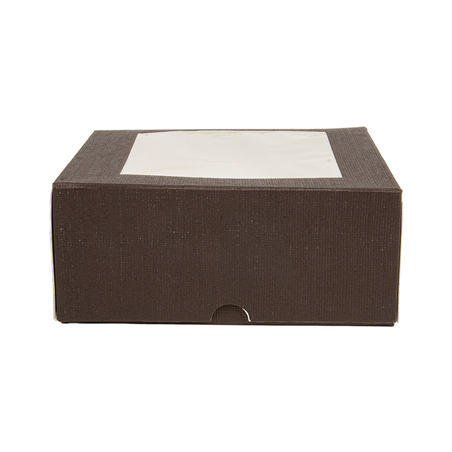 BOÎTES PATISSERIES AVEC FENÊTRE 'THEPACK' 250 G/M2 + OPP 18x18x7,5 CM CHOCOLAT CARTON ONDULÉ NANO-MICRO (200 UNITÉ)