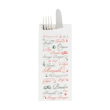 SACS COUVERTS + SERVIETTE JUST IN TIME 'PIZZA' 90 + 10PE G/M2 8,5x19,5 CM BLANC AIRLAID (250 UNITÉ)