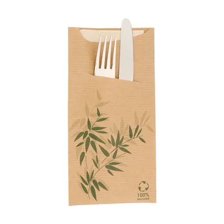 SACS COUVERTS + SERVIETTE JUST IN TIME  80 + 10PE G/M2 11,2x22,5 CM NATUREL KRAFT VERGÉ (400 UNITÉ)