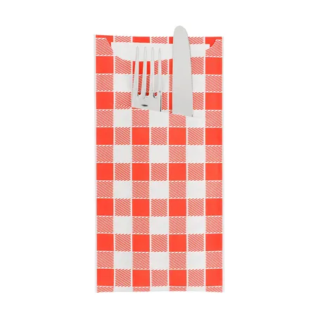 SACS COUVERTS + SERVIETTE JUST IN TIME 'VICHY-RED' 90 + 10PE G/M2 11,2x22,5 CM BLANC CELLULOSE (400 UNITÉ)