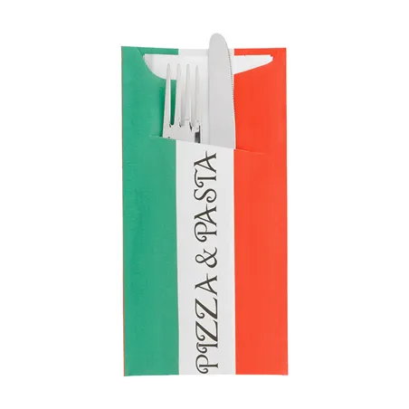 SACS COUVERTS + SERVIETTE JUST IN TIME 'PIZZA & PASTA' 90 + 10PE G/M2 11,2x22,5 CM BLANC CELLULOSE (400 UNITÉ)
