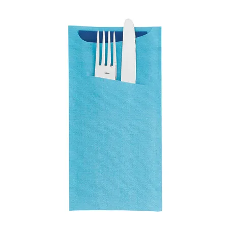 SACS COUVERTS + SERV. AIRLAID BLEU JUST IN TIME  90 + 10PE G/M2 11,2x22,5 CM TURQUOISE CELLULOSE (250 UNITÉ)