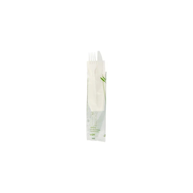 SET 3/1 FOURCHETTE, COUTEAU, SERVIETTE FEEL GREEN  18 CM BLANC CPLA (500 UNITÉ)