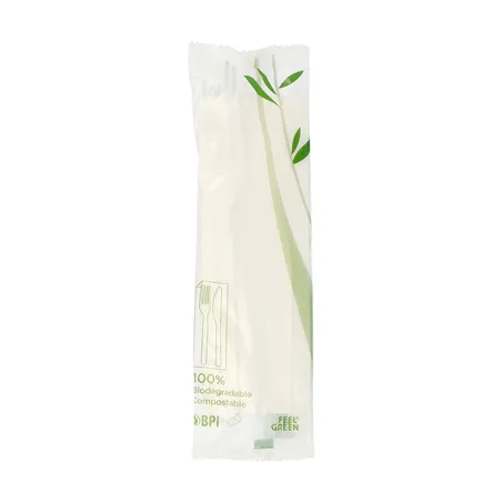 SET 3/1 FOURCHETTE, COUTEAU, SERVIETTE FEEL GREEN  18 CM BLANC CPLA (500 UNITÉ)