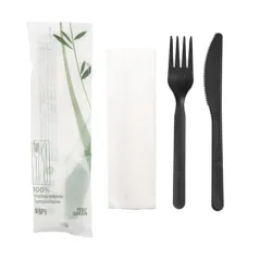 SET 3/1 FOURCHETTE, COUTEAU, SERVIETTE FEEL GREEN 18 CM NOIR CPLA (500 UNITÉ)