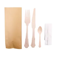 SET 4/1 COUVERTS +SERVIETTE WOOD 'CLASSIC'  20 CM NATUREL BOIS (100 UNITÉ)