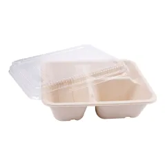 PLATEAUX 3 COMPART + COUVERCLE PET BIONIC 950 ML 22x18x5,5+1,3 CM NATUREL BAGASSE (100 UNITÉ)